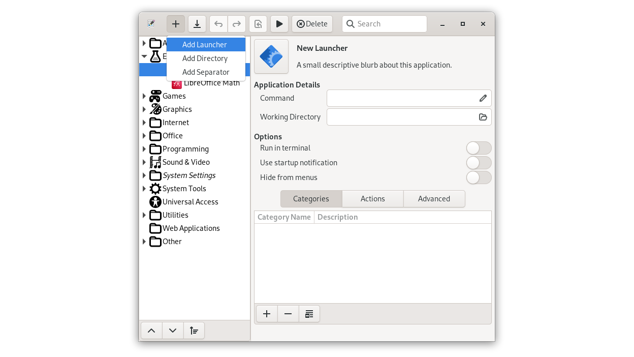 Add a new launcher, directory, or separator from the toolbar.
