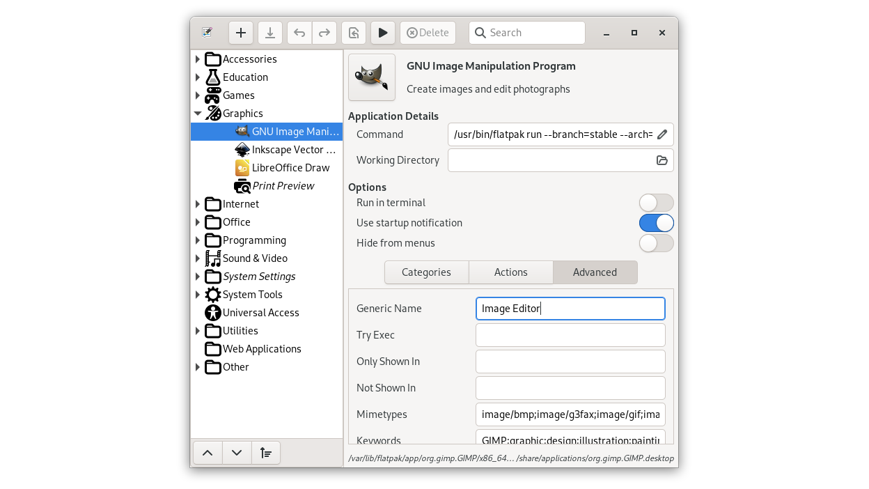 The Advanced tab exposes generic name, TryExec, MIME types, and visibility rules.