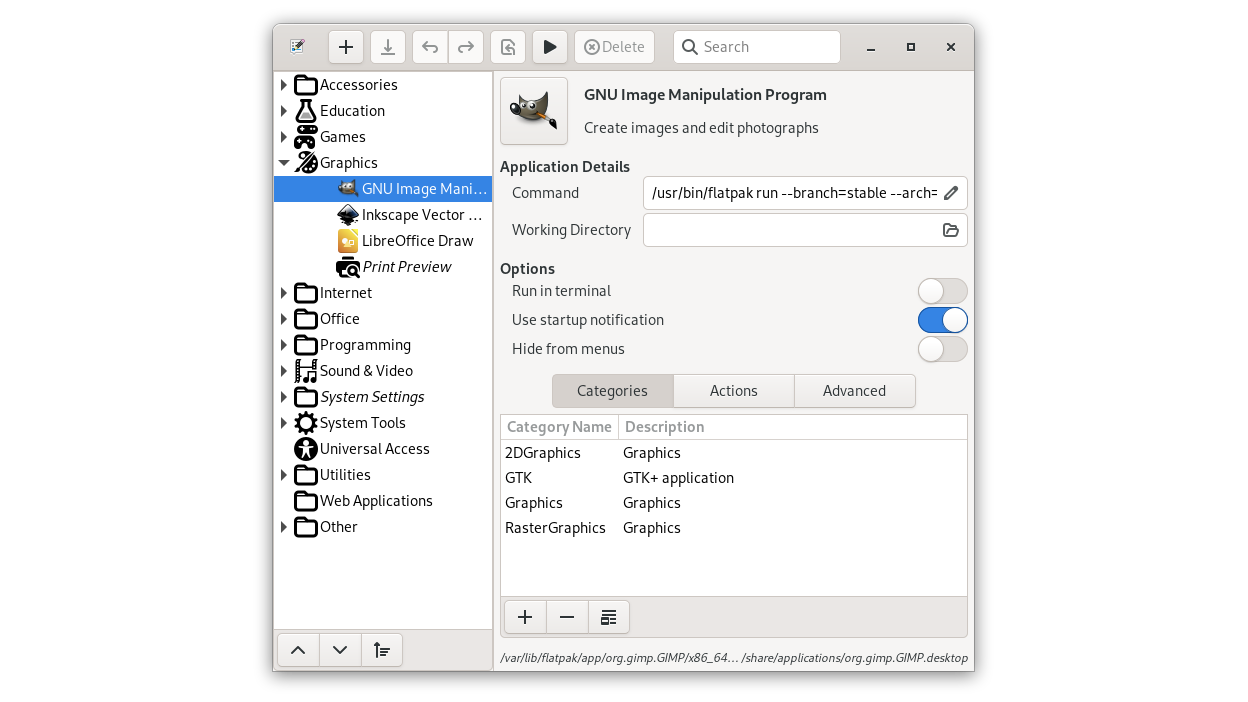 The Categories tab lists and edits an entry's assigned menu categories.