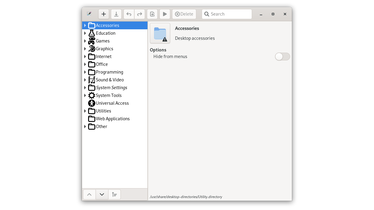 The main window groups installed launchers by menu category.