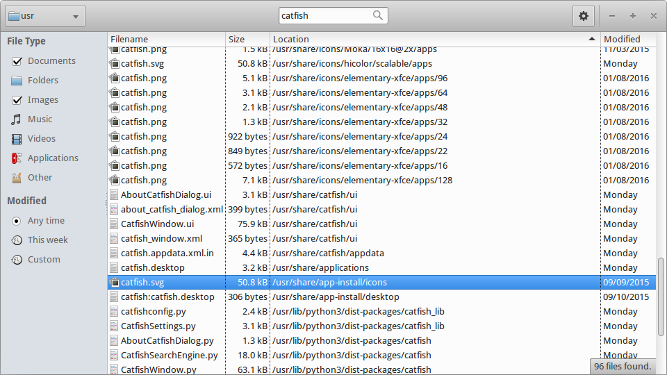 The main Catfish window displaying available filters and filtered search results